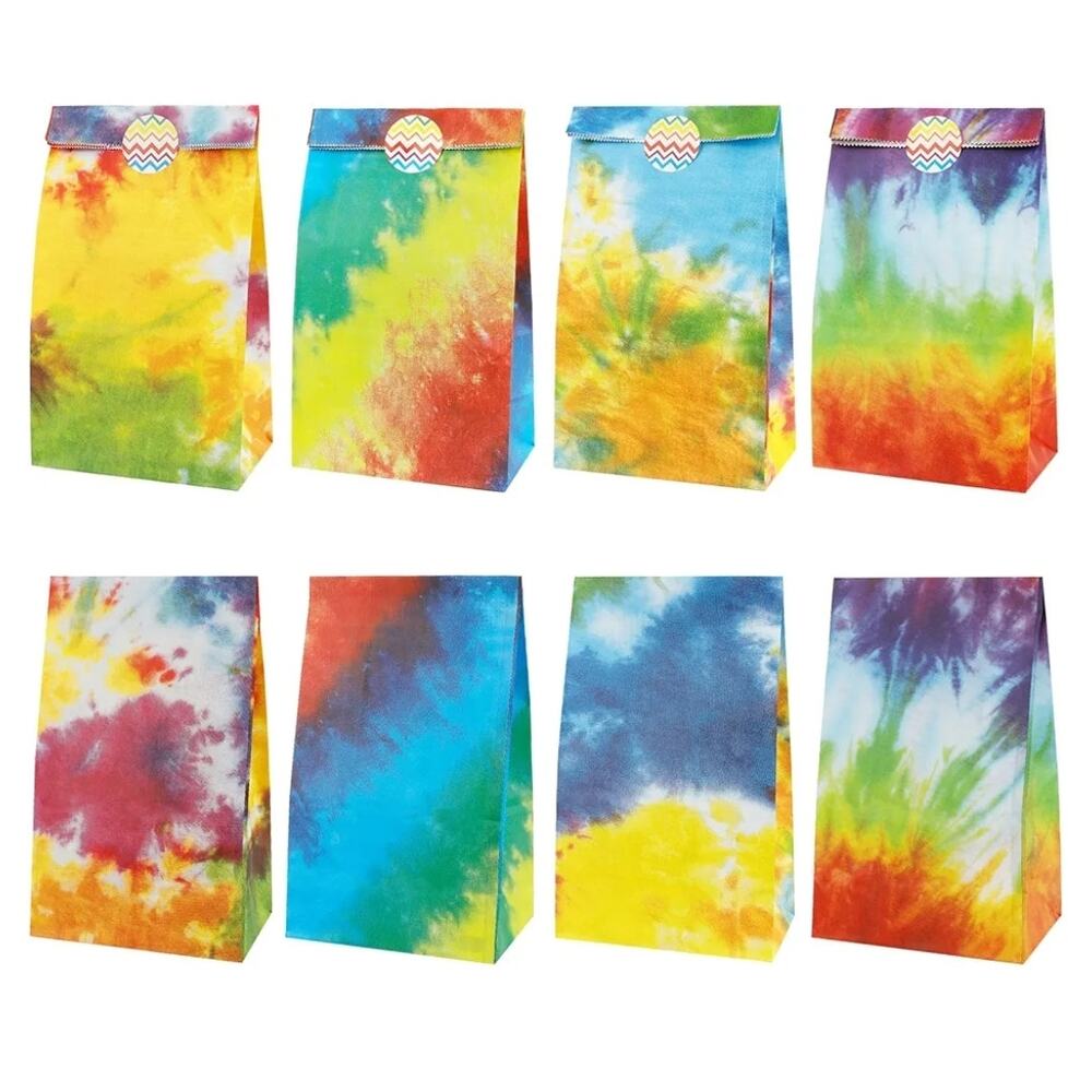 Party Favor Bags for Kids Birthday, 24 PCS Tie Dye Paper Gift Bags with Stickers